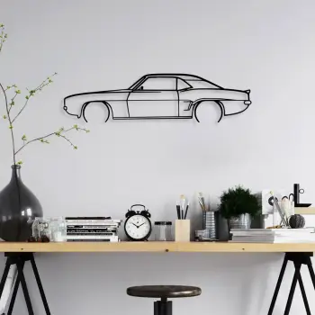 Aksesor dekorativ metalik për mur, siluetë Chevrolet Camaro V2, ngjyrë e zezë, 70x18cm