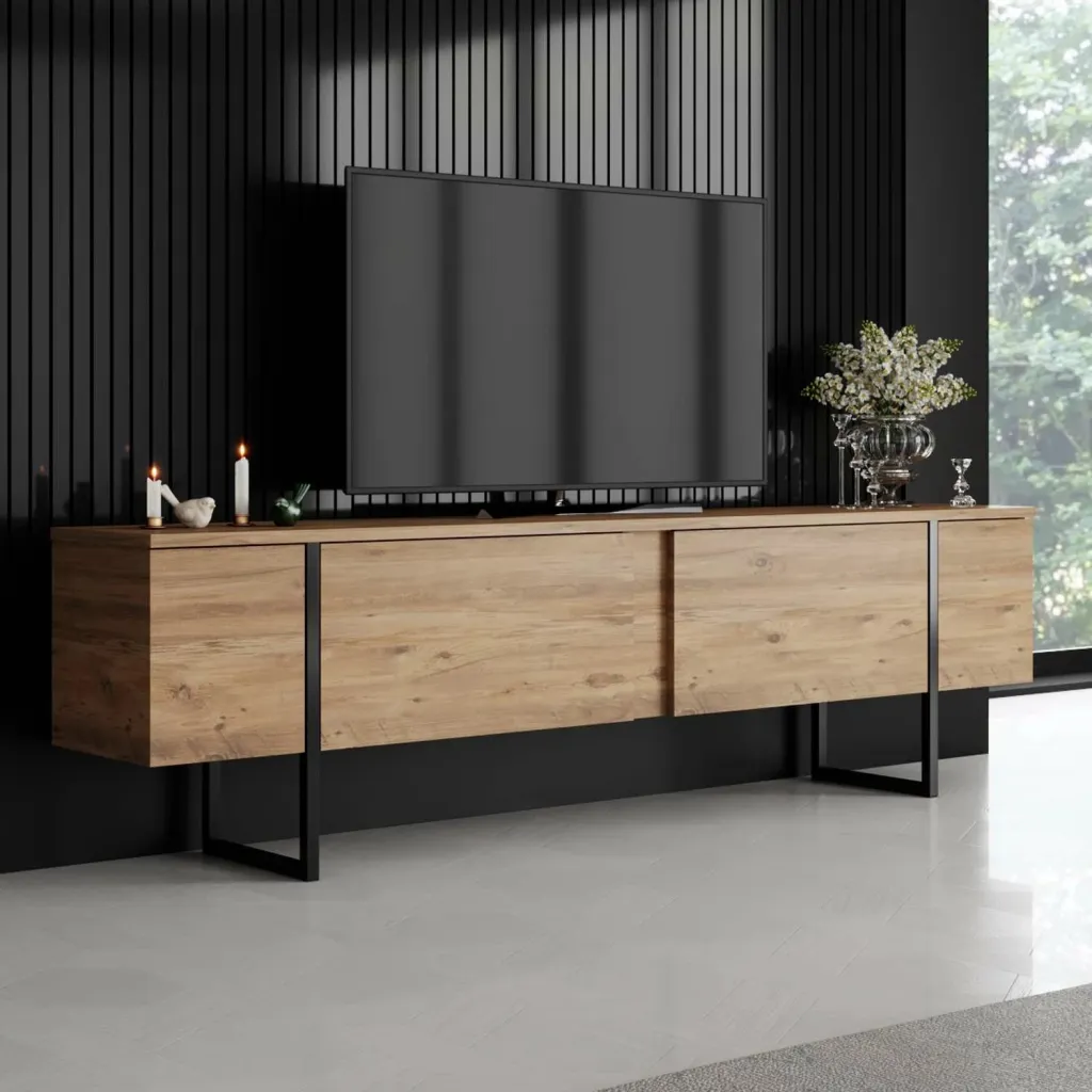 Komodinë për TV Luxe, pishë atlantike, zezë - 1