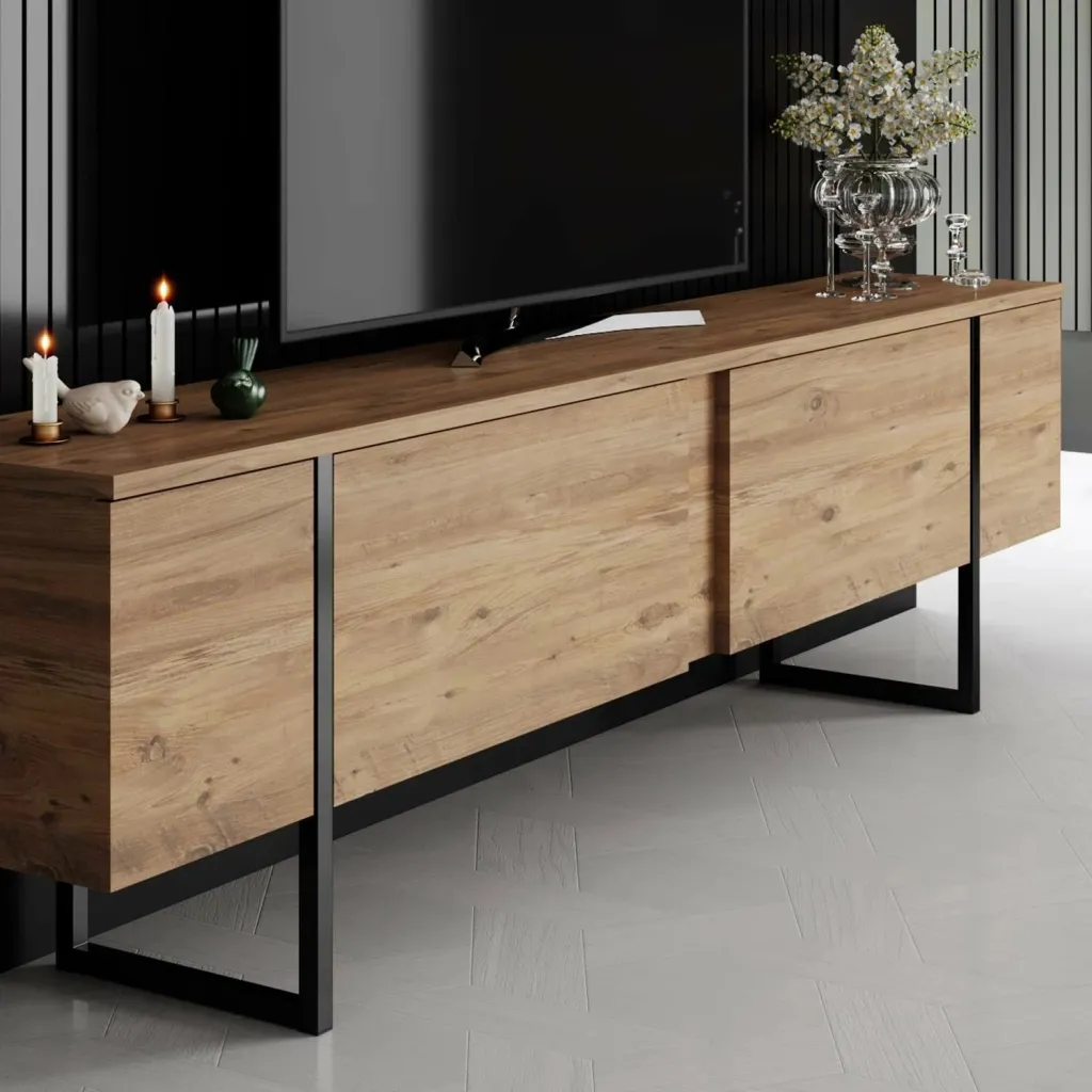 Komodinë për TV Luxe, pishë atlantike, zezë - 4