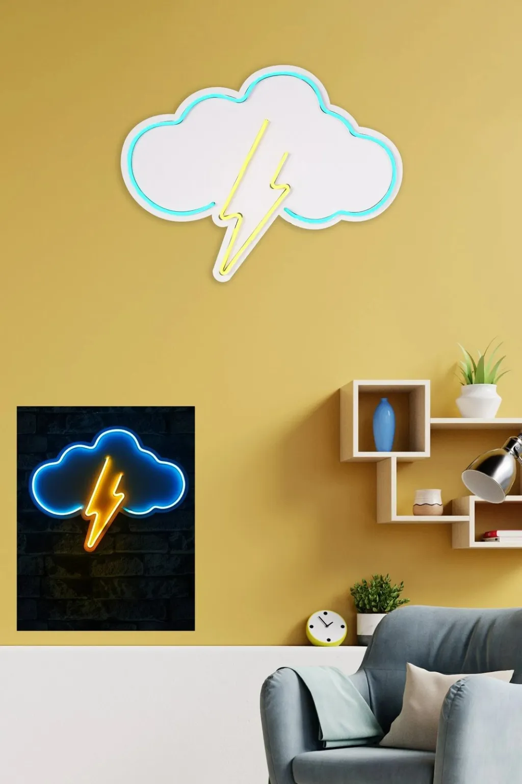 Dritë dekorative murale LED, formë re me rrufe, plastike, blu dhe verdhë - 4