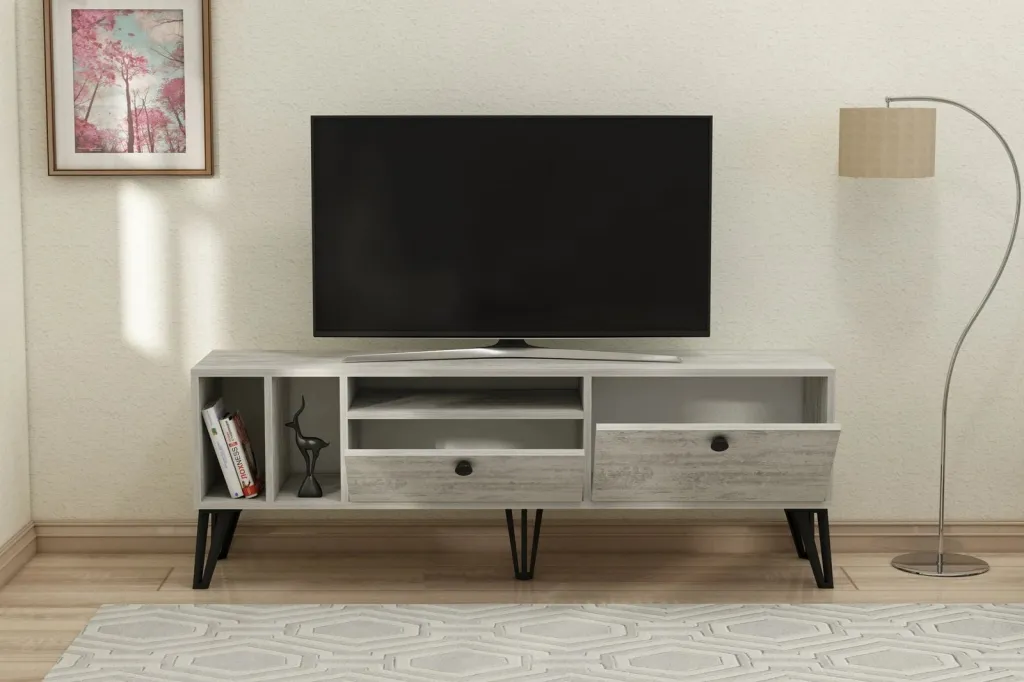 Komodinë për TV Aris, gri, bardhë - 3