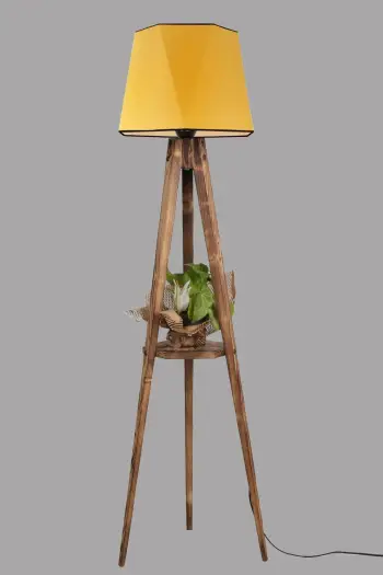 Llambë dyshemeje Opviq, tripod me rafte, abazhuri gjashtëkëndësh, ngjyrë mustard