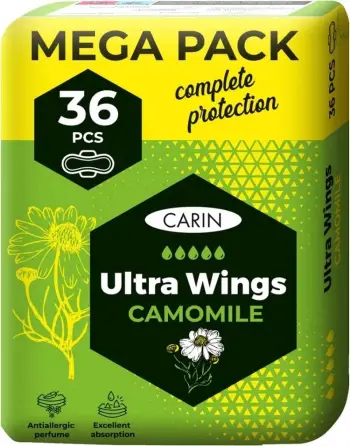Peceta higjienike ultra të holla me krahë Carin Ultra Wings Chamomile, 36 copë