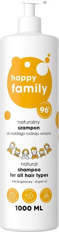 Shampo për flokë Happy Family Natural, për të gjitha llojet e flokëve, 1000 ml