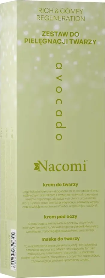 Set për kujdesin e fytyrës Nacomi Rich & Comfy Regeneration Avocado për femra, 40ml krem fytyre + 15ml krem sysh + 40ml maskë fytyre