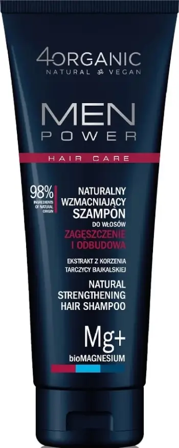 Shampo flokësh 4organic Men Power Natural Strengthening, forcuese dhe trashëse, 250 ml