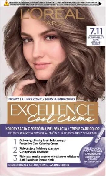 Ngjyrë për flokë L'Oreal Paris Excellence Cool Creme 7.11 Ultrapopielaty Blond për femra, 1 copë