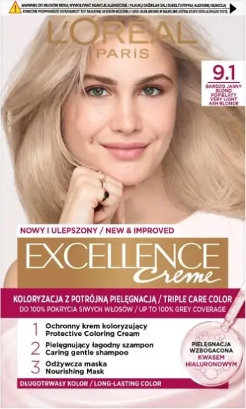 Ngjyrë flokësh krem për femra L'Oreal Paris Excellence Creme 9.1, Bardh shumë i hapur hiri, 1 copë