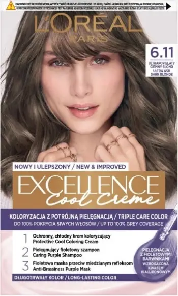 Ngjyrë për flokë për femra L'Oreal Paris Excellence Cool Creme 6.11 Ultrapopielaty Ciemny Blond, 1 copë