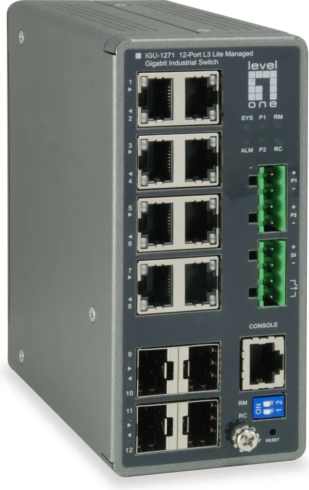 Switch LevelOne TURING 12-Port L3 Lite Managed Gigabit Industrial, 4 x SFP, DIN-Rail - 1