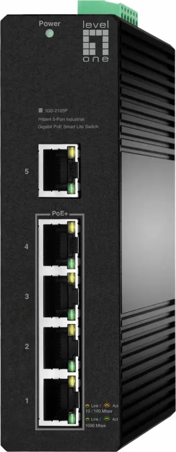 Switch LevelOne Hilbert 5-Port Industrial Gigabit PoE, 4 PoE Outputs, Managed