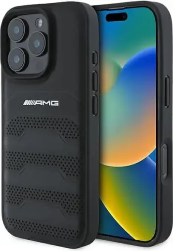 Mbështjellës Mercedes AMG për iPhone 16 Pro Max, lëkurë, i zi
