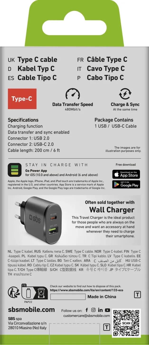 Kabllo USB-A në USB-C SBS TECABLETC220K, 2m, e zezë - 2