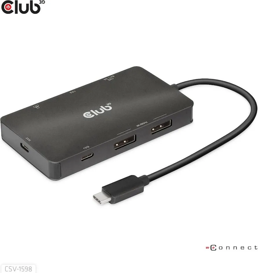 USB-C HUB Club3D CSV-1598, 7 porte, 2xDisplayPort, 2xUSB-A, 2xUSB-C, LAN, 4K60Hz, e zezë - 1