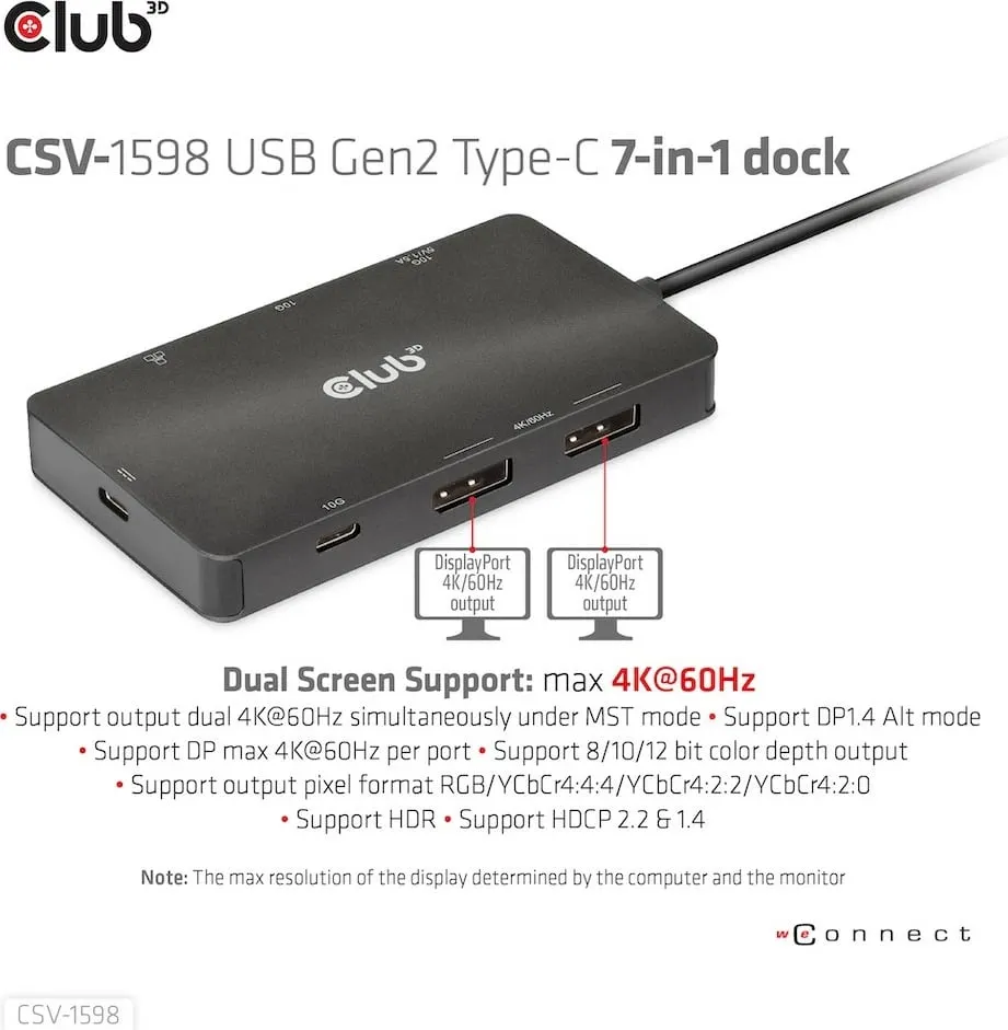 USB-C HUB Club3D CSV-1598, 7 porte, 2xDisplayPort, 2xUSB-A, 2xUSB-C, LAN, 4K60Hz, e zezë - 3