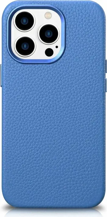 Mbështjellës iCarer Litchi Premium për iPhone 14 Pro, lëkurë natyrale, MagSafe, kaltër