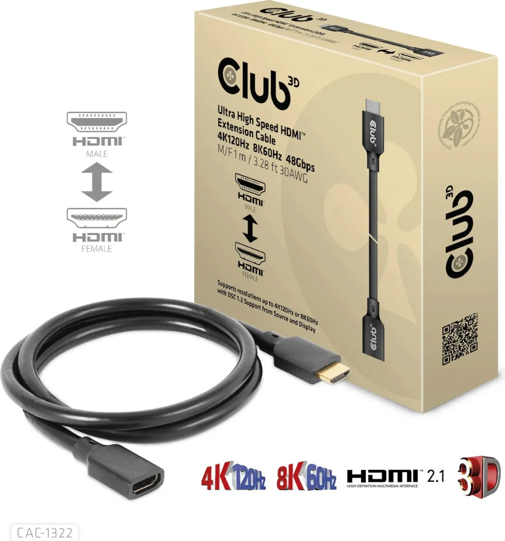 Kabllo HDMI zgjatues Club3D 2.1, 1m, e zezë - 1