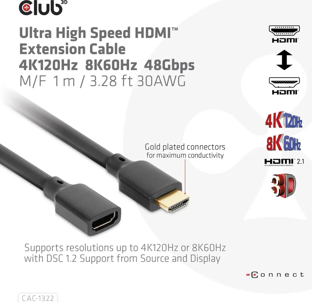 Kabllo HDMI zgjatues Club3D 2.1, 1m, e zezë - 2