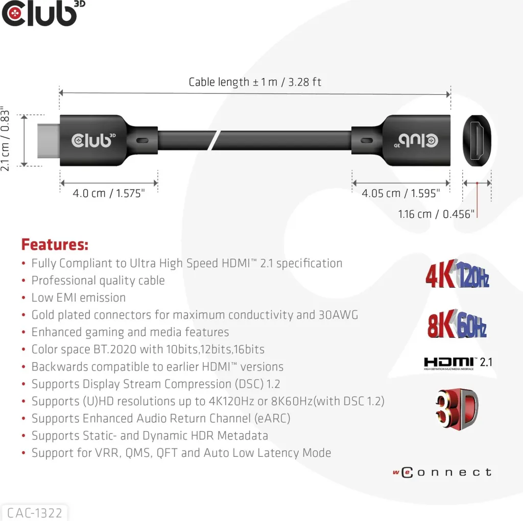 Kabllo HDMI zgjatues Club3D 2.1, 1m, e zezë - 3