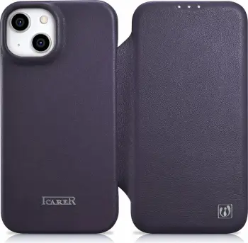 Mbështjellës iCarer CE Premium lëkurë, për iPhone 14 Plus, MagSafe, vjollcë e errët