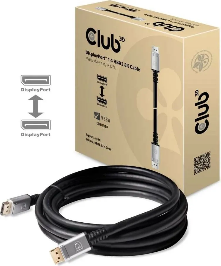 Kabllo DisplayPort Club3D 1.4, 4m, 8K, zi/argjendtë - 2