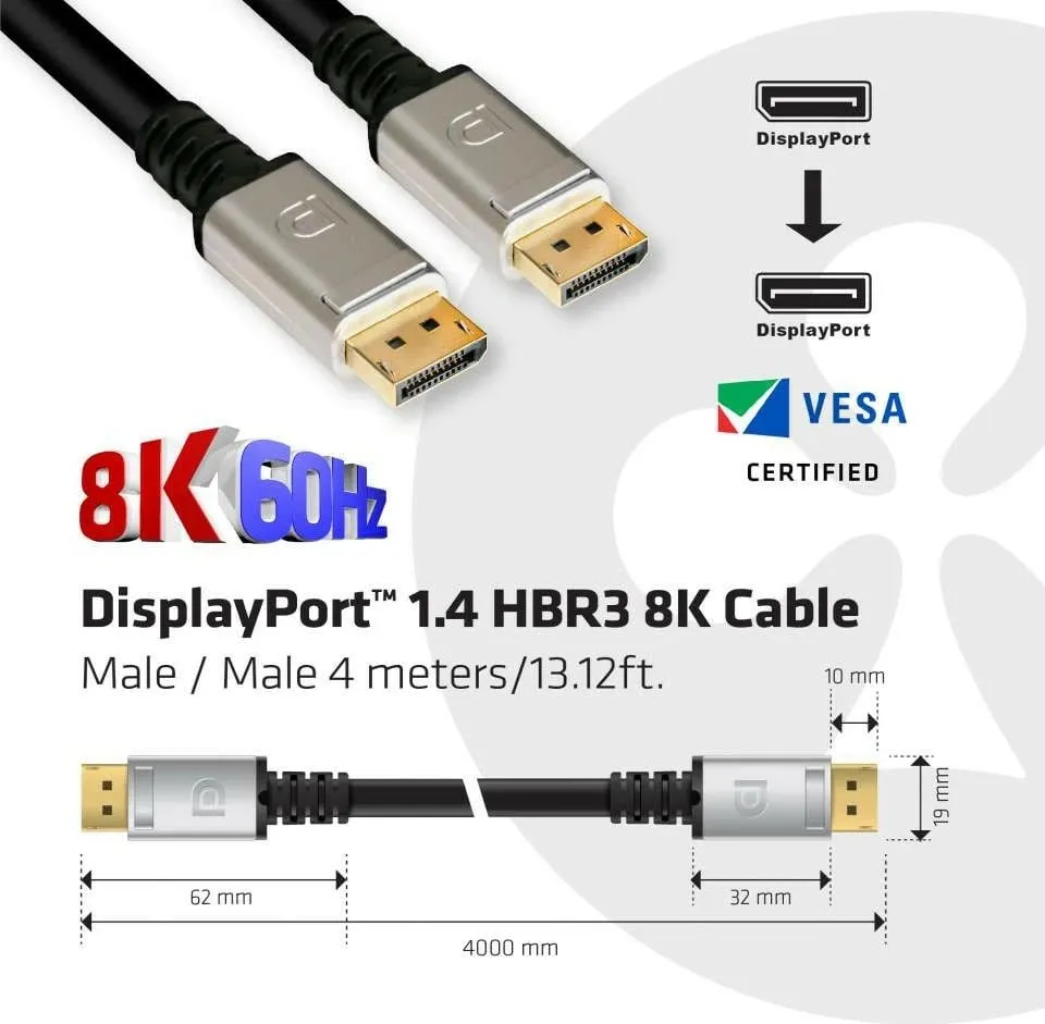 Kabllo DisplayPort Club3D 1.4, 4m, 8K, zi/argjendtë - 3