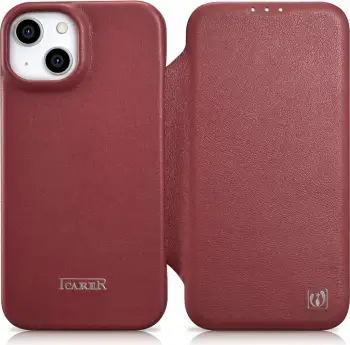 Mbështjellës lëkure iCarer CE Premium Folio për iPhone 14 Plus, MagSafe, Kuq