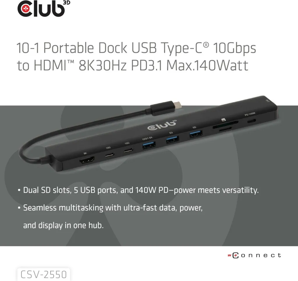 USB-C HUB Club3D 10in1, HDMI, 3xUSB-C, 3xUSB, LAN, 8K30Hz, PD140W, zi - 5