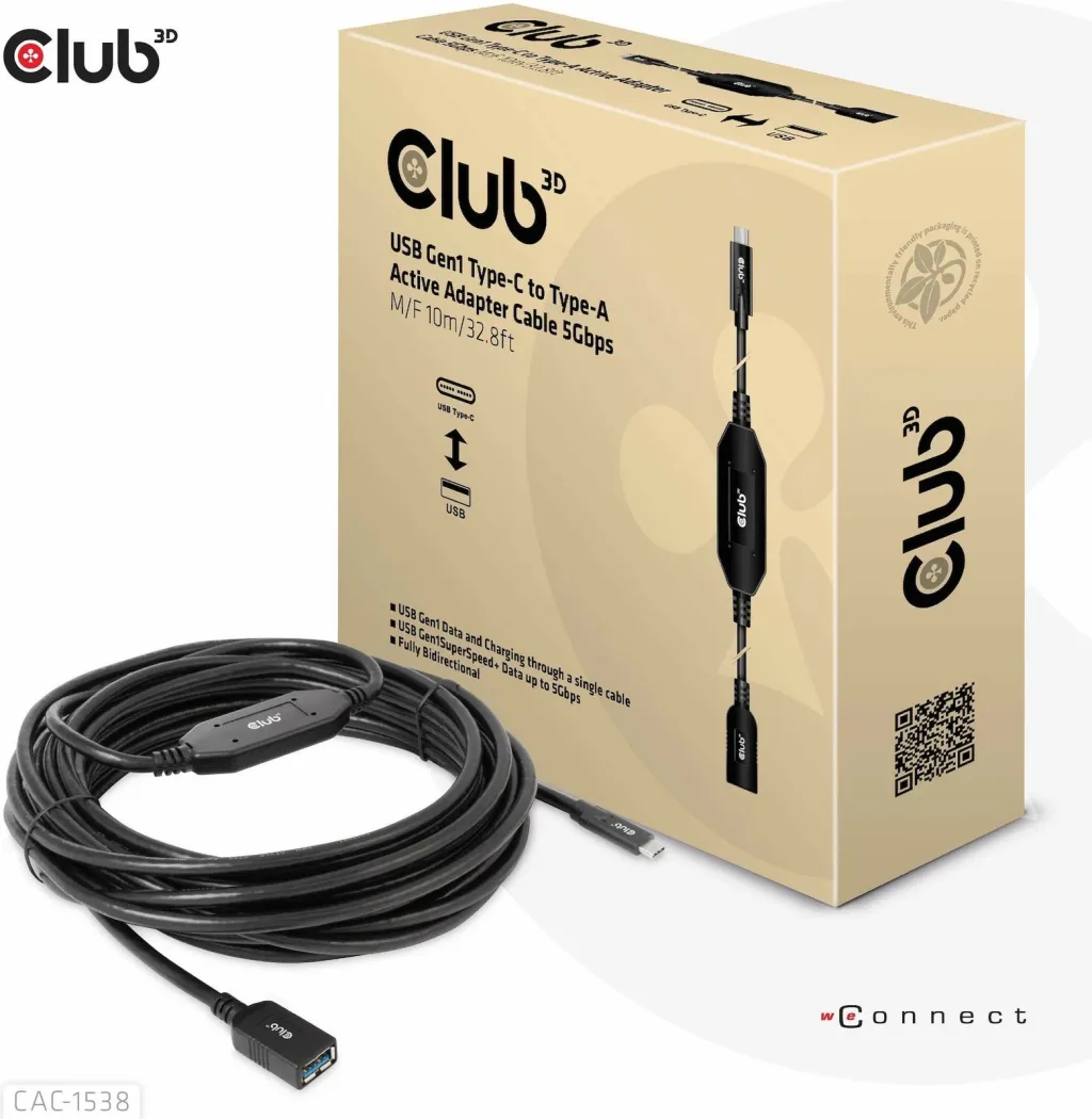 Kabllo USB Club3D CAC-1538, USB-C në USB-A, 10m, e zezë - 1