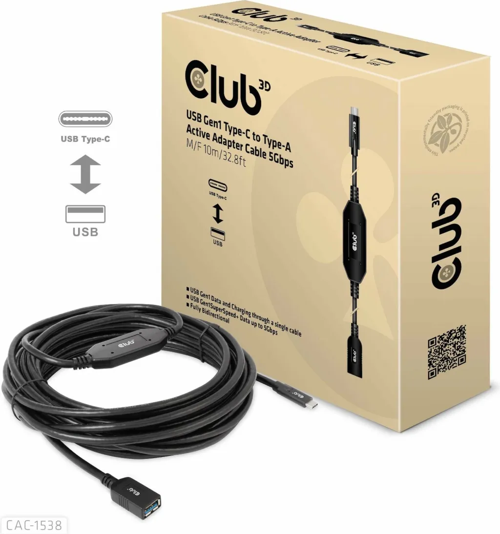 Kabllo USB Club3D CAC-1538, USB-C në USB-A, 10m, e zezë - 2