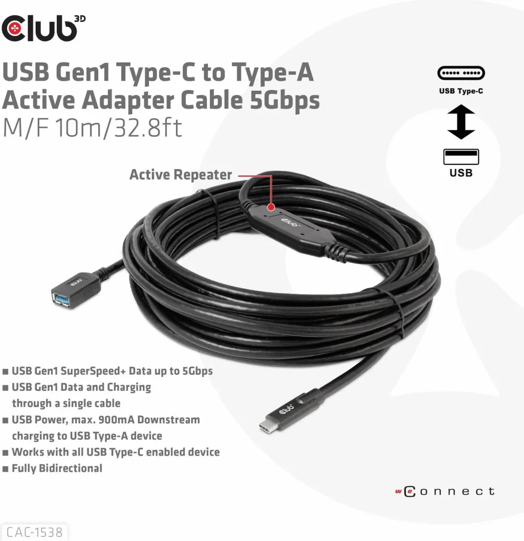 Kabllo USB Club3D CAC-1538, USB-C në USB-A, 10m, e zezë - 3