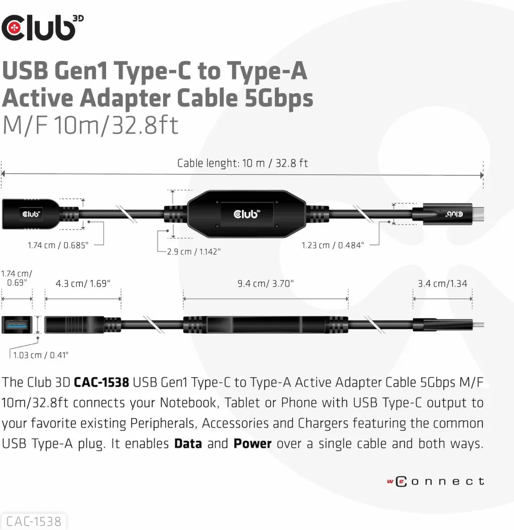 Kabllo USB Club3D CAC-1538, USB-C në USB-A, 10m, e zezë - 4