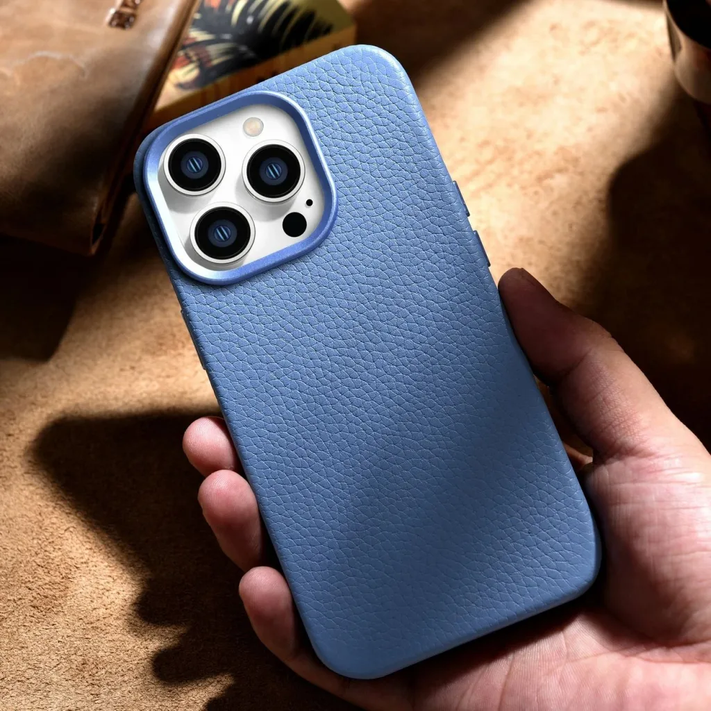 Mbështjellës iCarer Litchi Premium për iPhone 14 Pro Max, MagSafe, lëkurë, kaltër - 13