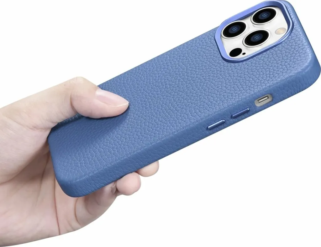 Mbështjellës iCarer Litchi Premium për iPhone 14 Pro Max, MagSafe, lëkurë, kaltër - 17