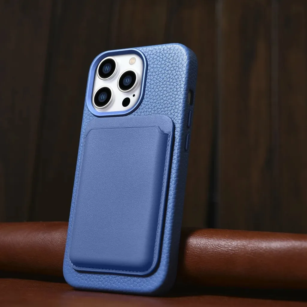 Mbështjellës iCarer Litchi Premium për iPhone 14 Pro Max, MagSafe, lëkurë, kaltër - 10