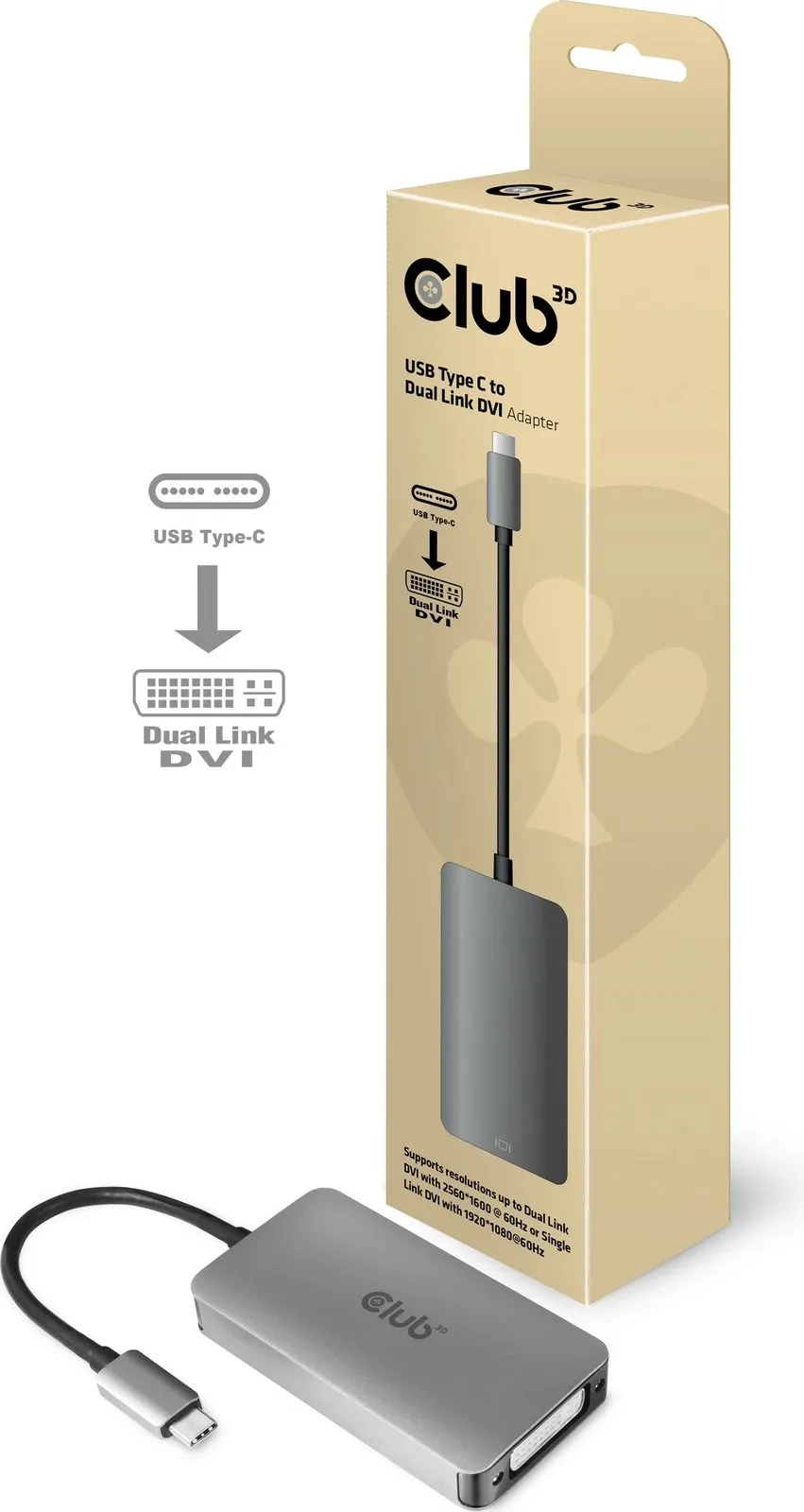 Adapter Club3D USB Type-C në DVI-D, Dual Link, Plug and Play, 2160p, gri - 1