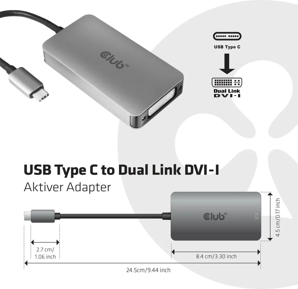Adapter Club3D USB Type-C në DVI-D, Dual Link, Plug and Play, 2160p, gri - 2