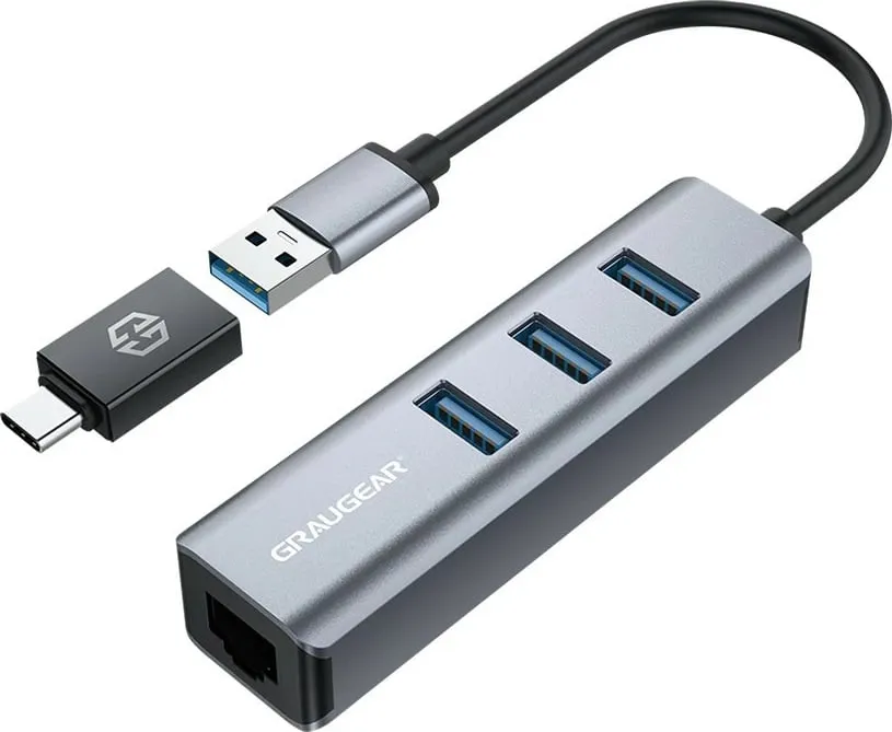 USB hub GrauGear 3x USB 3.0, Gbit LAN, 0.15m, metalik - 1