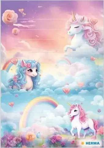 Etiketa shkolle HERMA Happy Unicorns, letër, 9 copë, shumëngjyrëshe