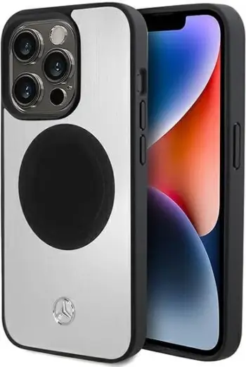Mbështjellës Mercedes Leather&Alu MagSafe për iPhone 15 Pro, argjendtë