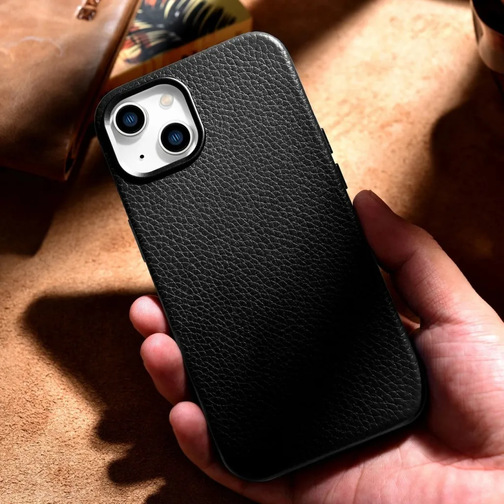 Mbështjellës iCarer Litchi Premium lëkurë për iPhone 14 Plus me MagSafe, i zi - 12