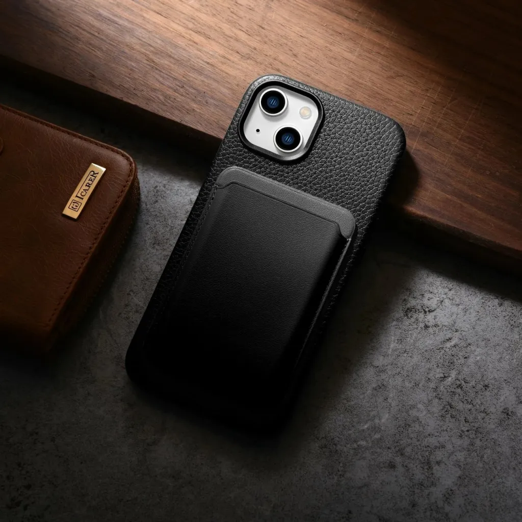Mbështjellës iCarer Litchi Premium lëkurë për iPhone 14 Plus me MagSafe, i zi - 13