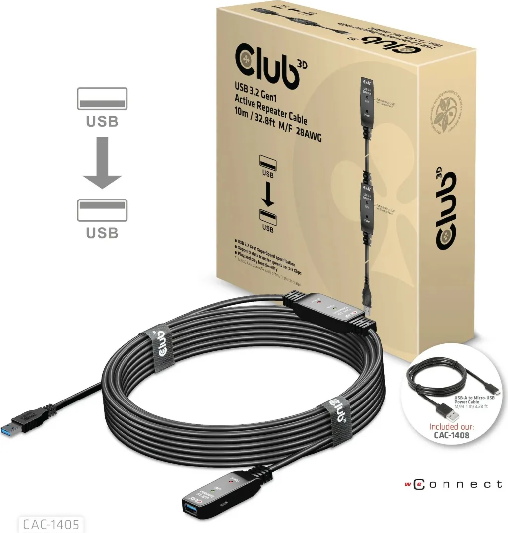 Kabllo USB zgjatues Club3D 10m, USB 3.2, e zezë - 2