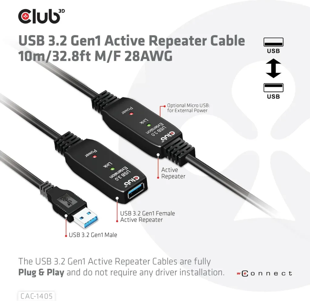 Kabllo USB zgjatues Club3D 10m, USB 3.2, e zezë - 3