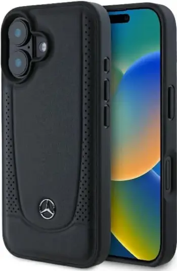 Mbështjellës Mercedes Leather Urban për iPhone 16 Plus, Lëkurë, E zezë
