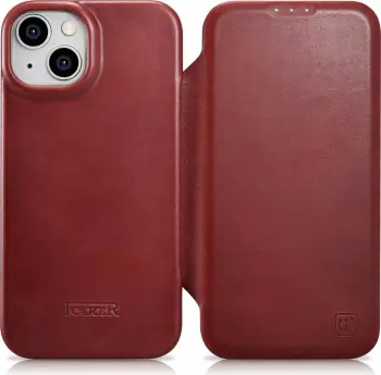 Mbështjellës iCarer Oil Wax Premium Leather Folio për iPhone 14 Plus, MagSafe, Kuq