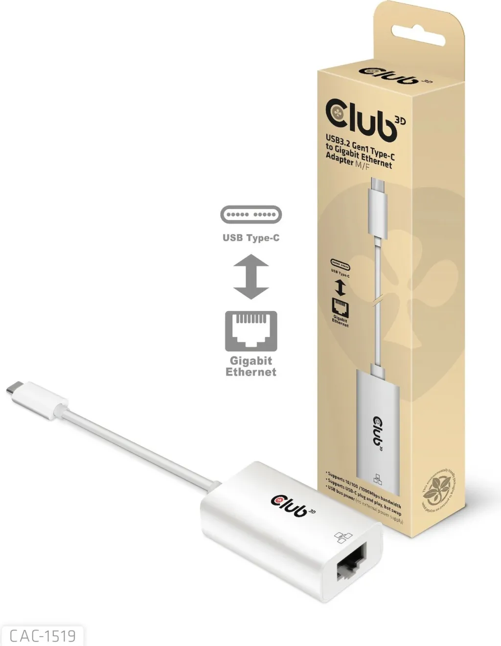 Adapter Club3D USB-C në RJ-45 Gigabit LAN, i bardhë - 2