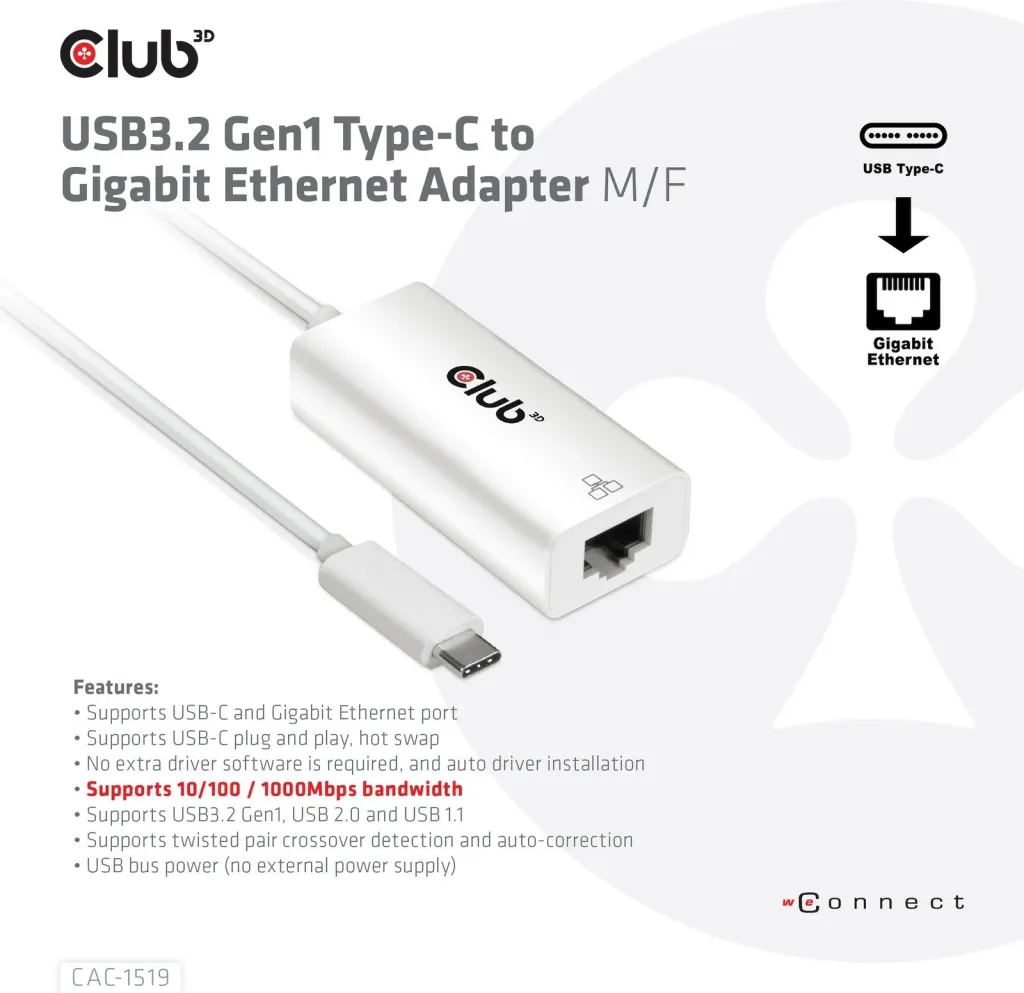 Adapter Club3D USB-C në RJ-45 Gigabit LAN, i bardhë - 3