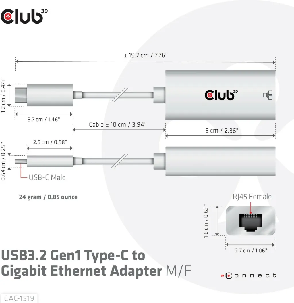 Adapter Club3D USB-C në RJ-45 Gigabit LAN, i bardhë - 4