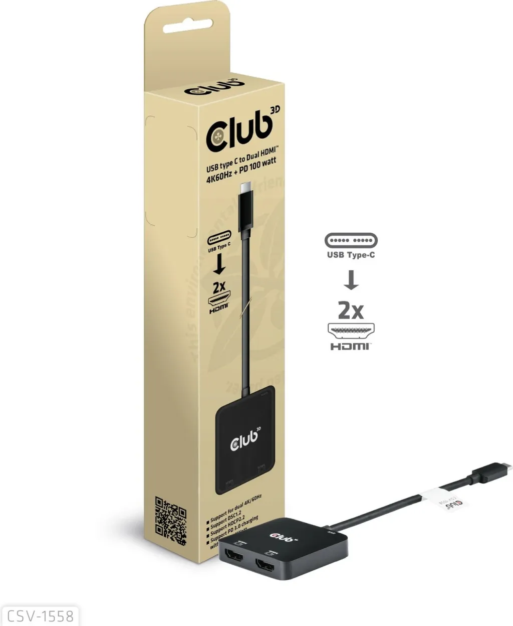 Adapter Club3D MST-Hub USB Type-C në 2x HDMI 4K60Hz + 100W PD, i zi - 1